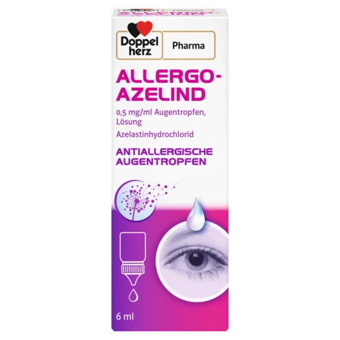 Abbildung der Produktverpackung DoppelherzPharma ALLERGO-AZELIND 0,5 mg/ml Augentropfen, Lösung Frontansicht